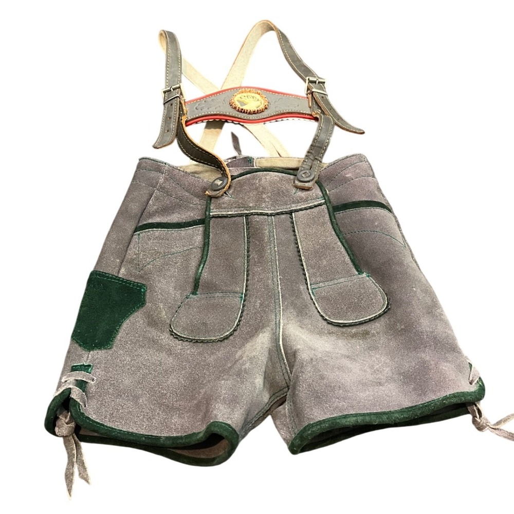 Vintage Lederhosen Shorts Kids Gray Suede Bavarian Suspenders Stag Embroidery